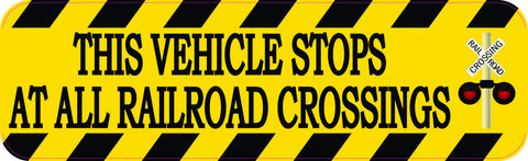 10in x 3in This Vehicle Stops At All Railroad Crossings with Sign Image Sticker Vinyl Window Decal